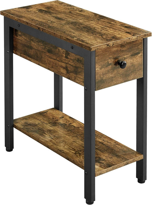 2-Tier Industrial Side Table with Drawer Narrow Rustic Brown 60x29.5x59.5cm