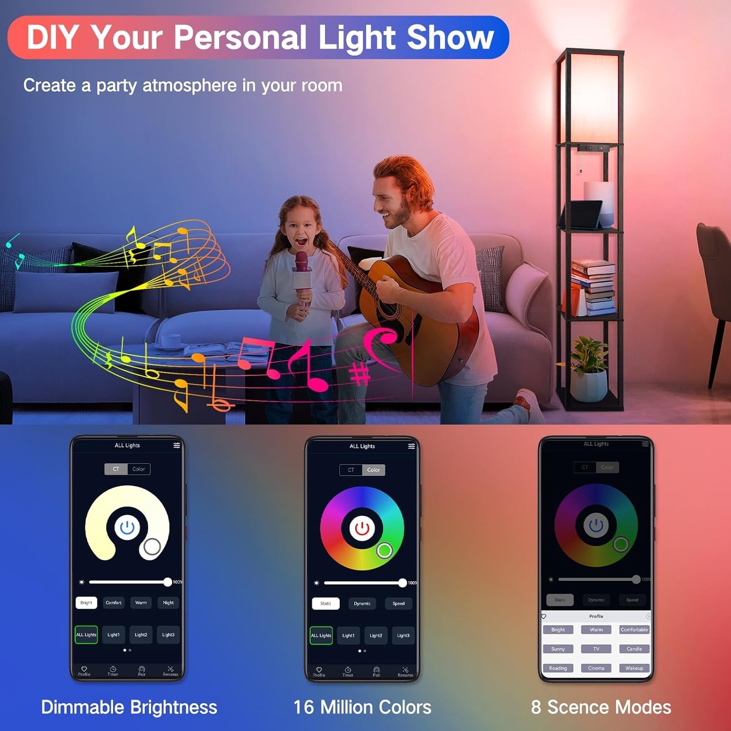 RGB Floor Lamp with Shelves App Remote Smart LED Standing Light Black