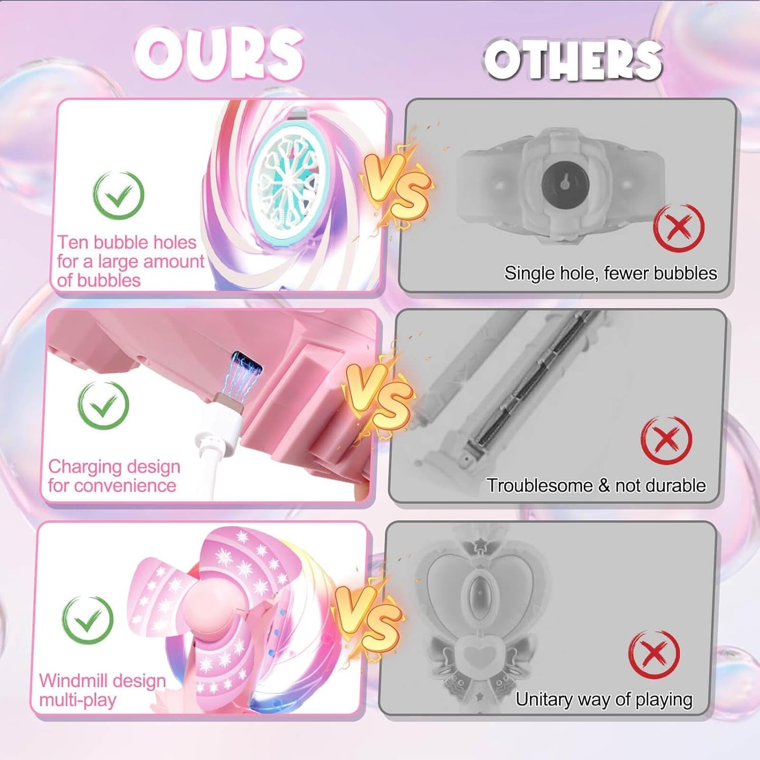 Pink Bubble Wand Toy for Girls LED Windmill Bubble Machine