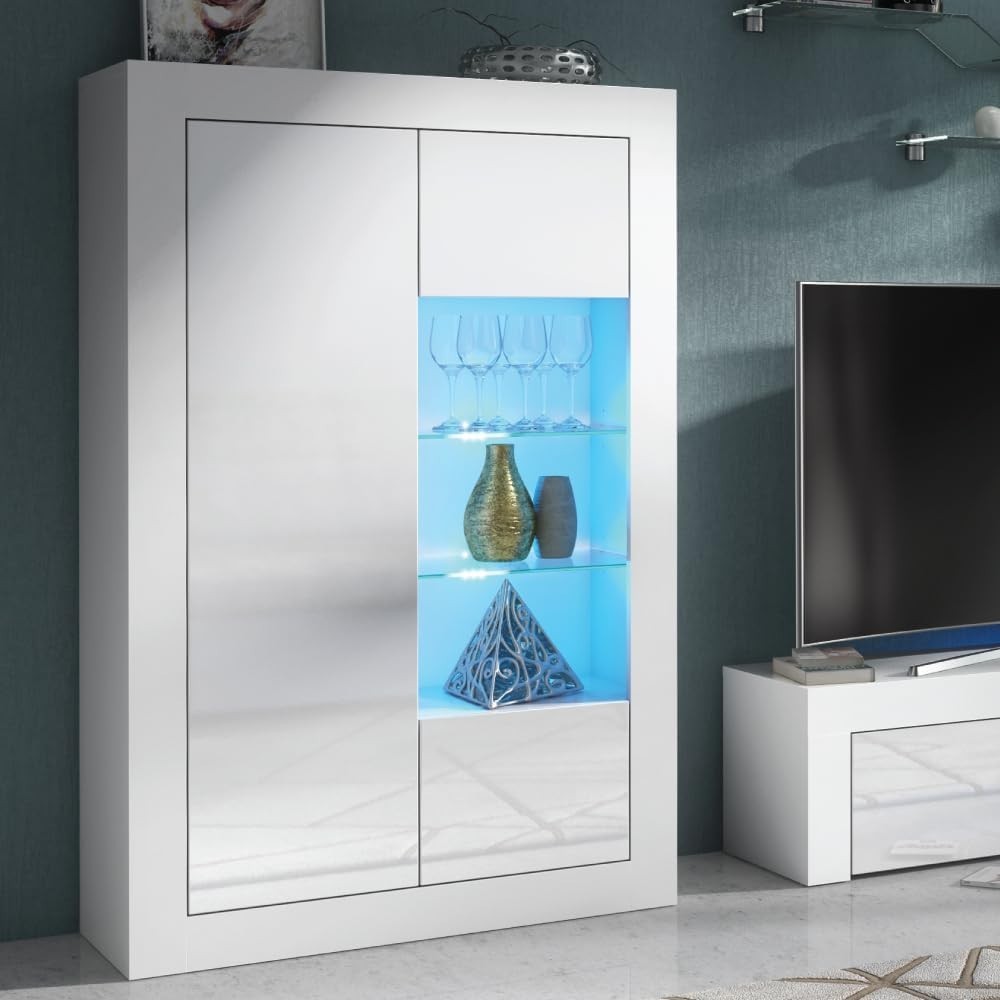 White LED Display Cabinet Gloss Sideboard Modern Storage 140cm Shelves