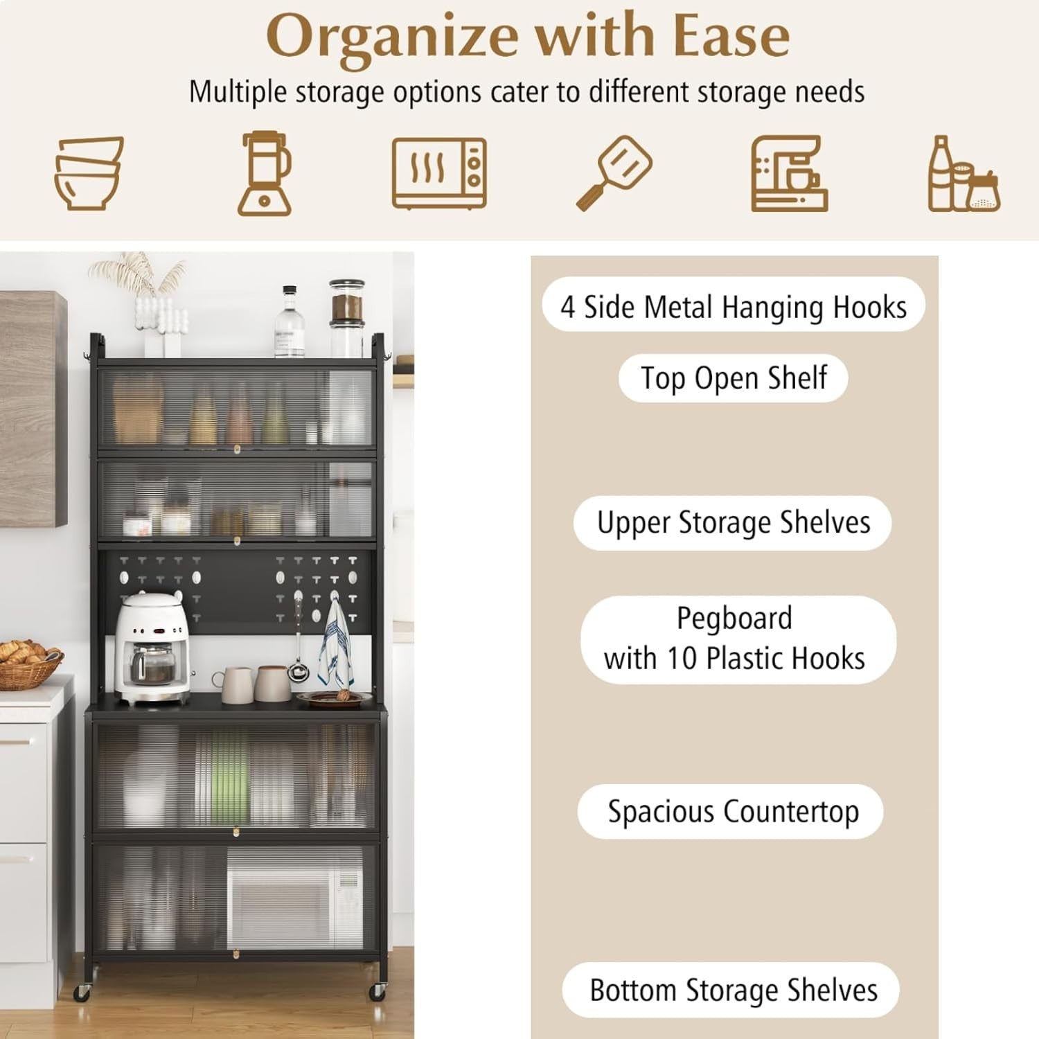 80x40x181cm Black Rolling Kitchen Cabinet 6-Tier Pantry Storage with Wheels