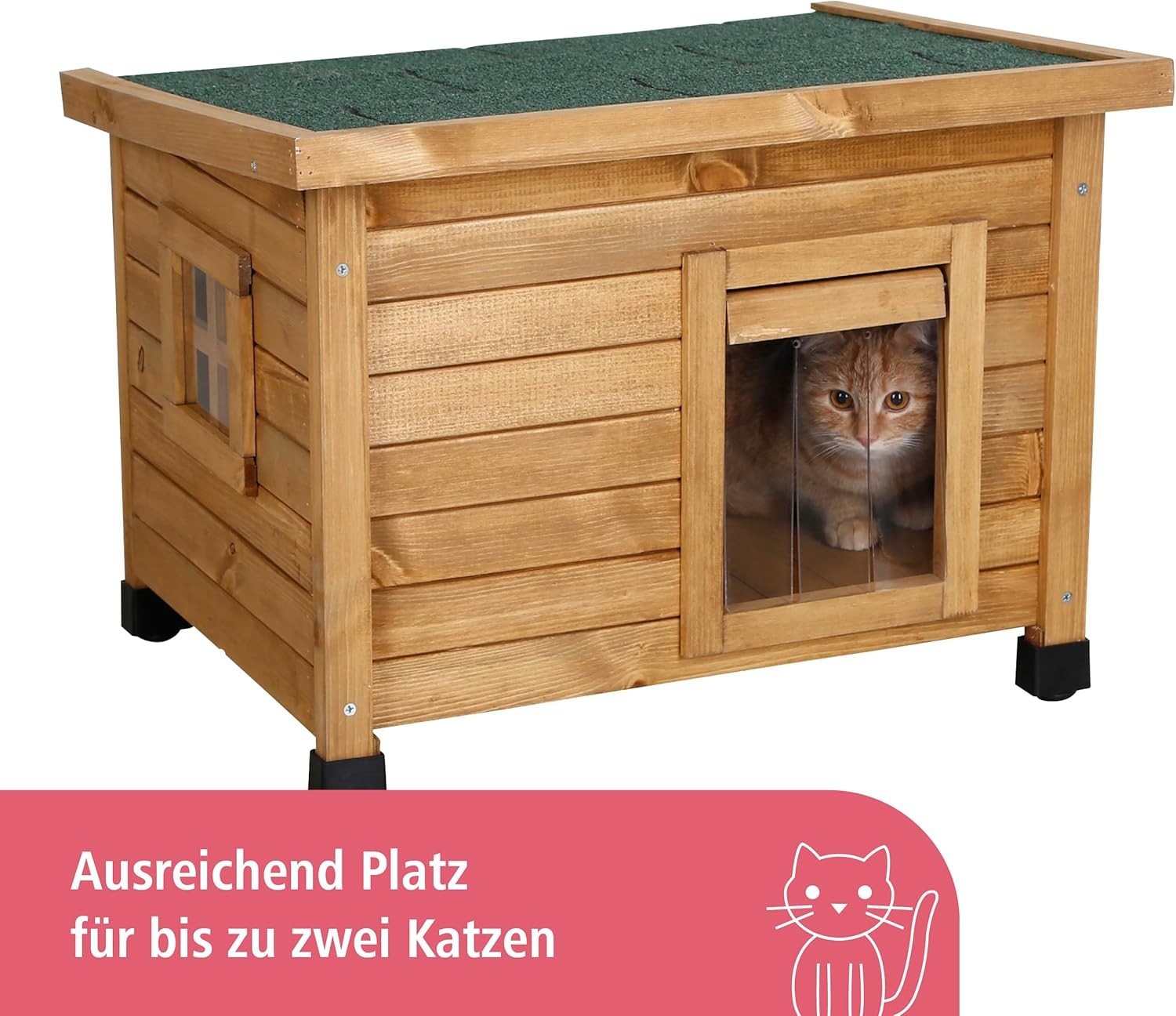 Rustic Outdoor Wooden Cat House with Plexiglas Window & Adjustable Feet
