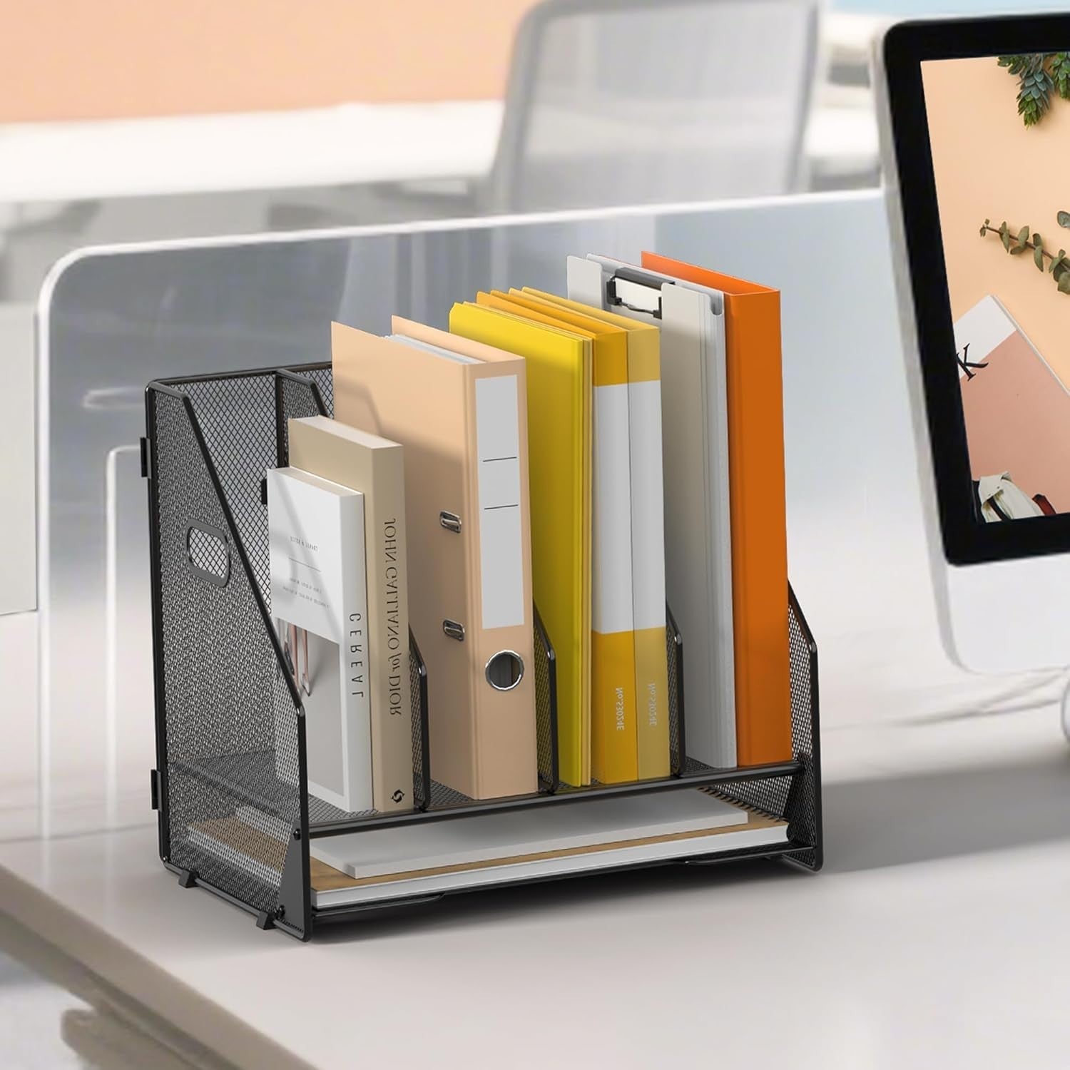 4-Tier Mesh Desk File Organizer | Vertical Folder & Paper Rack, Black