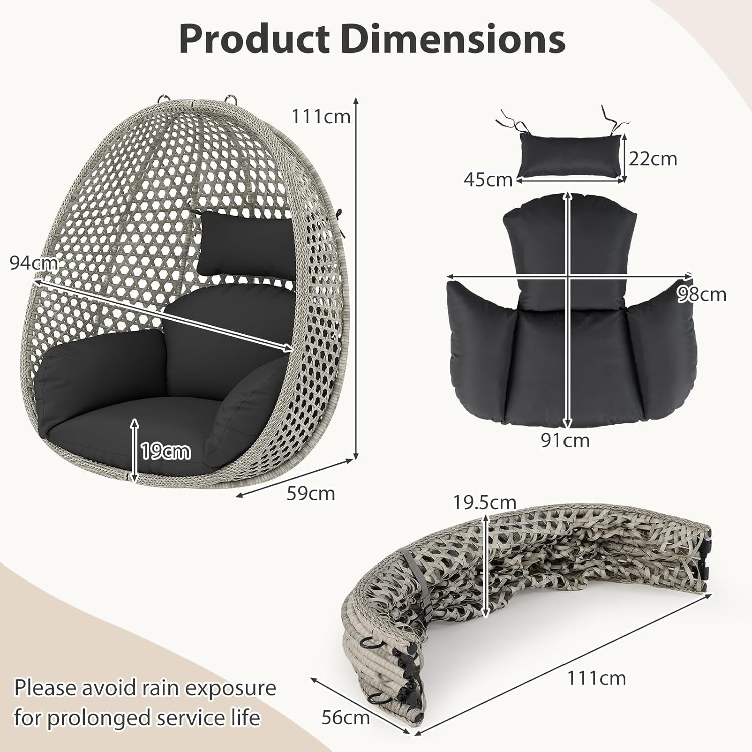 Rattan Hanging Egg Chair with Soft Thick Cushion & Head Pillow for Garden Patio