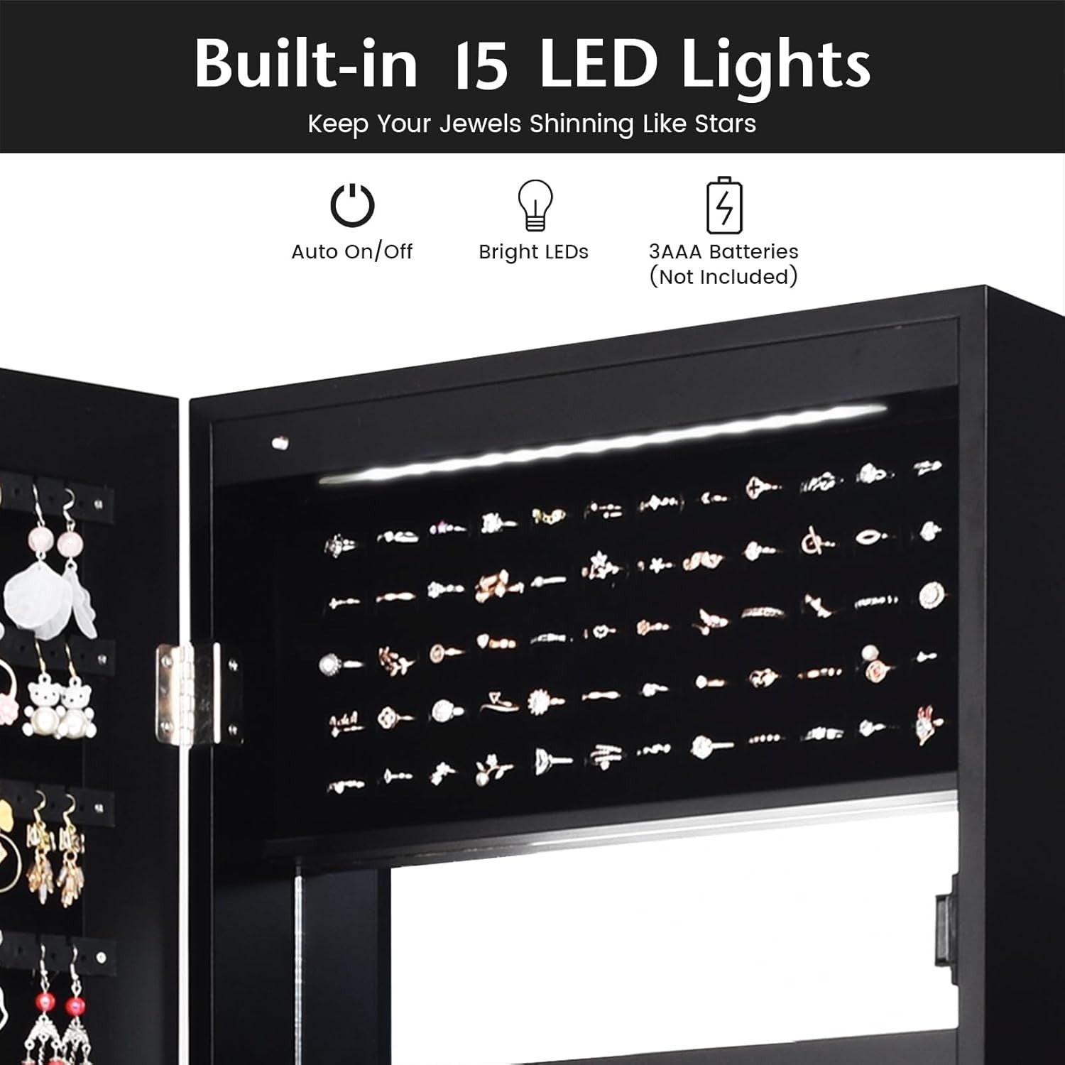 Black LED Wall Mounted Jewelry Cabinet Mirror Lockable Slim Organizer