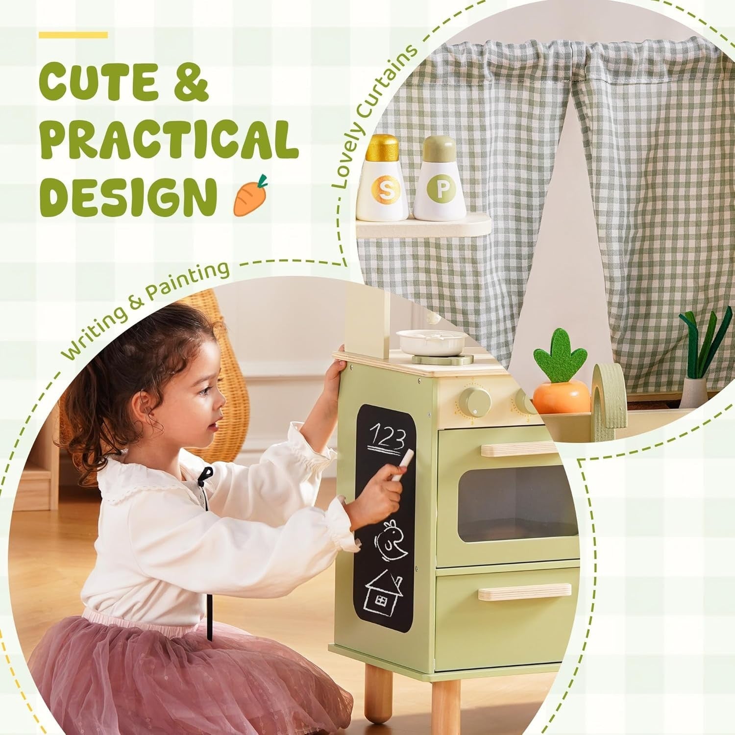 Wooden Kids Play Kitchen w/ Fridge Ice Dispenser Green Toy