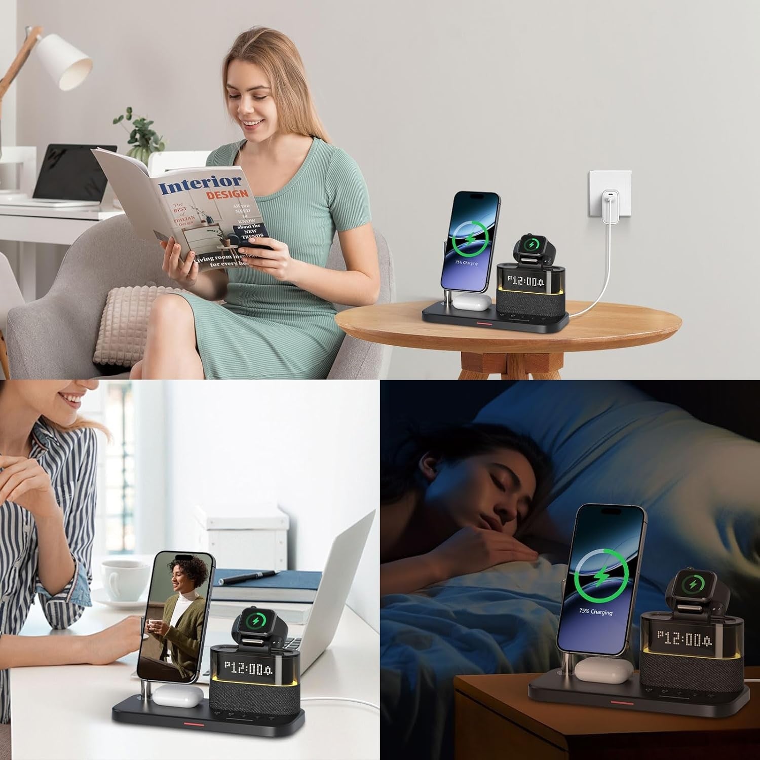 Wireless Charging Station Alarm Clock Fast Charger Stand Night Light