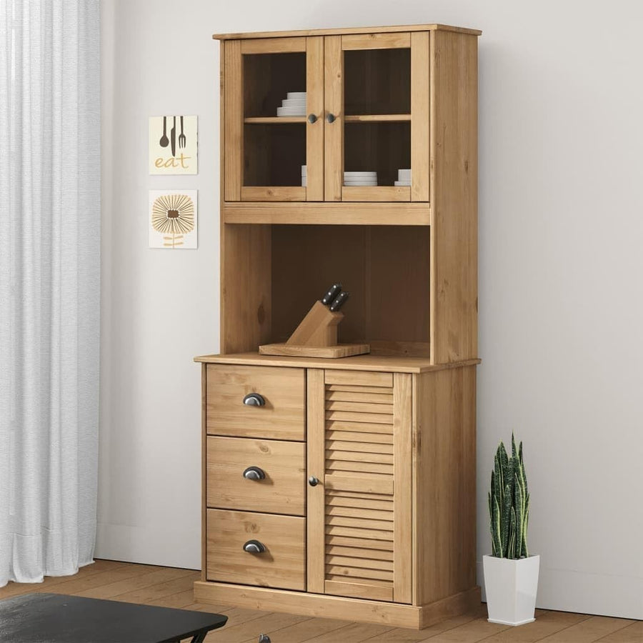 Pine Wood Dresser Top Cabinet 4 Shelves Glass Doors Kitchen Storage Brown