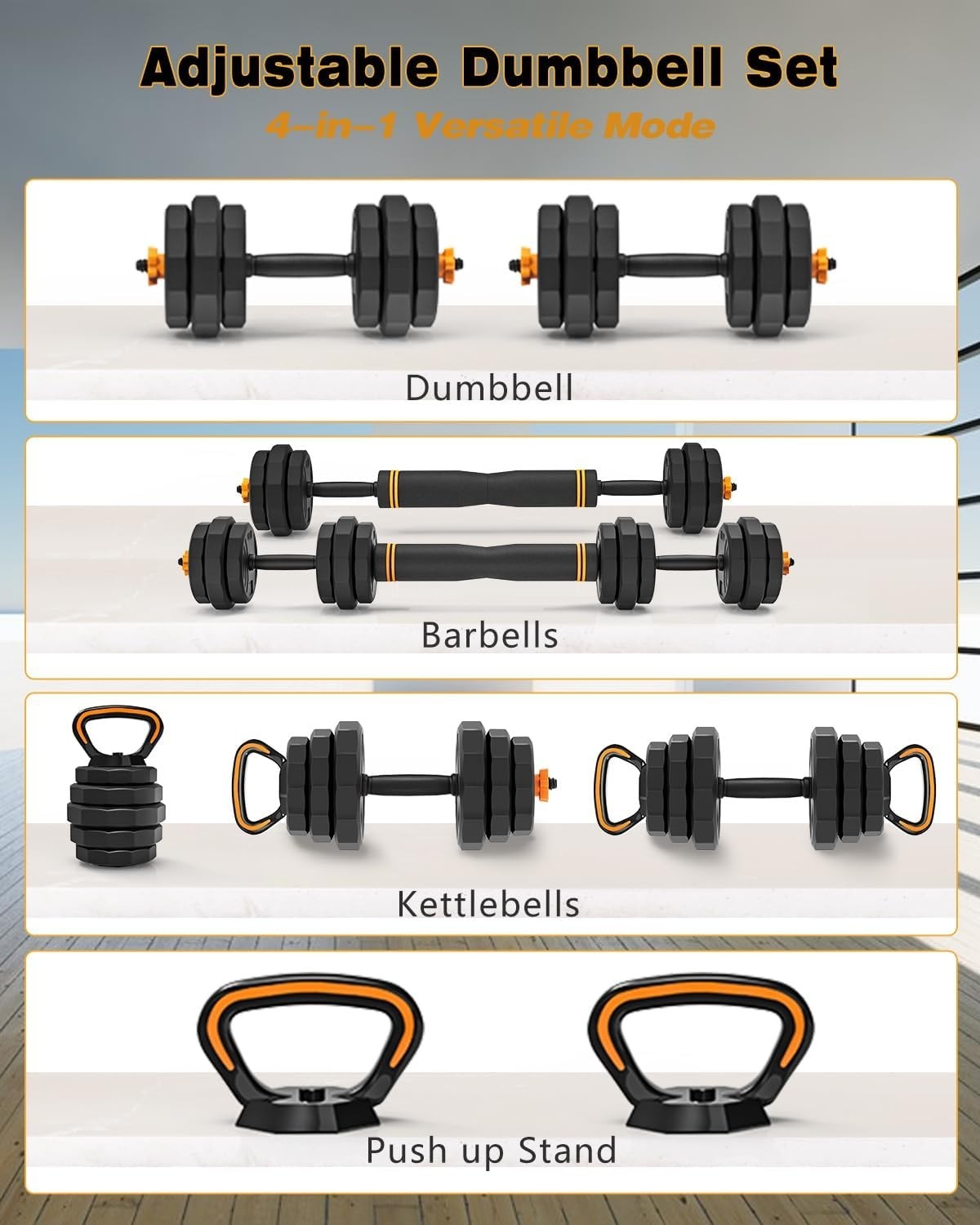 22LB Adjustable Dumbbell Set 4 in 1 Home Gym Barbell Kettlebell