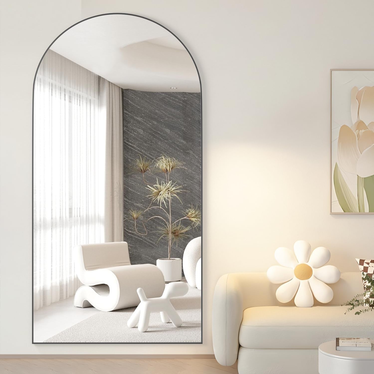 Large Arched Full Length Mirror 180x80cm Black Frame Wall or Floor Use