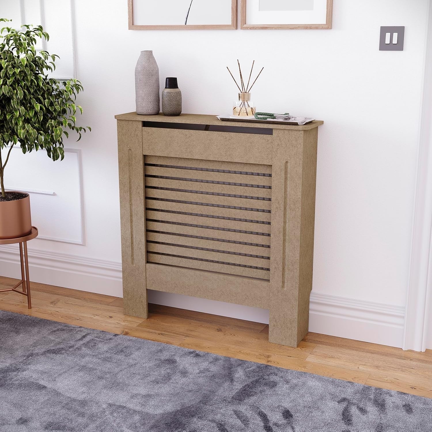 Small MDF Radiator Cover 78cm Unpainted Modern Slatted Heating Cabinet