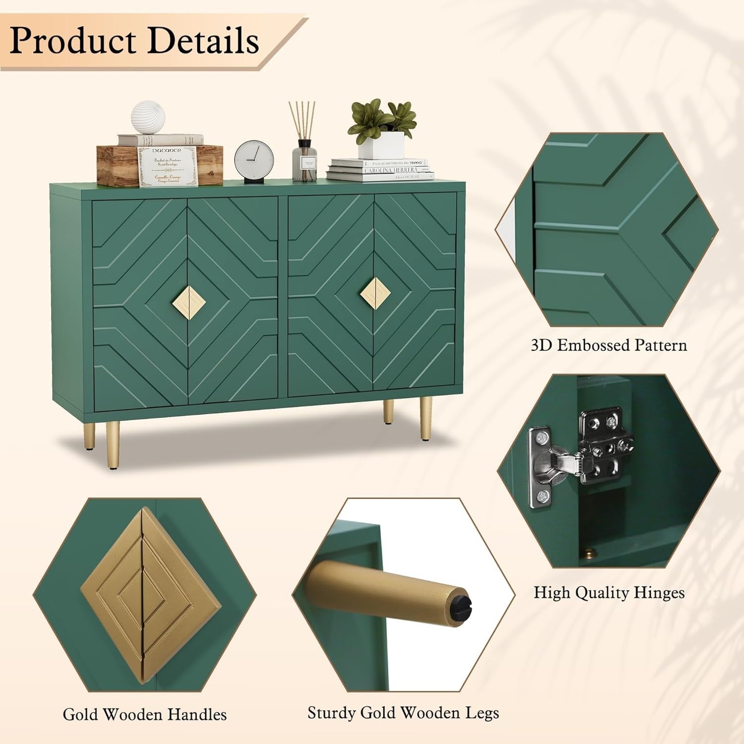 Green Kitchen Sideboard Cabinet 4 Doors Storage Buffet Table with Shelves
