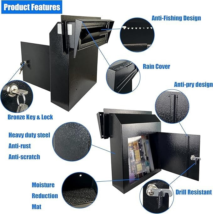 ocking Mailbox Drop Box Steel Secure Rainproof Door Mount for Cash Keys Letters