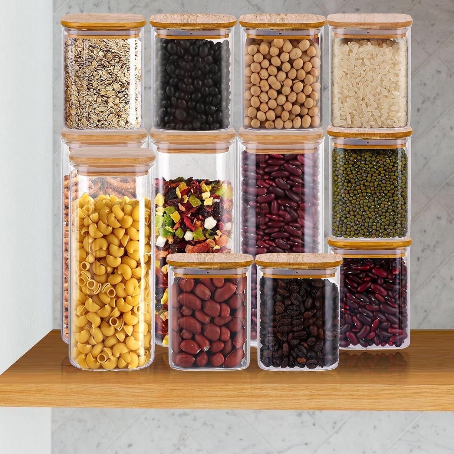 12 Pack Glass Storage Jars with Bamboo Lids Airtight Kitchen Canisters