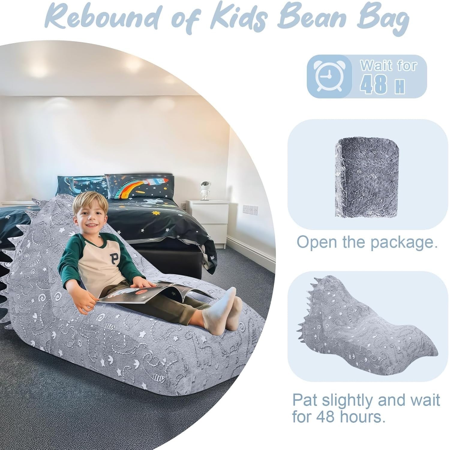 Large Grey Dinosaur Kids Bean Bag Chair with Removable Washable Cover