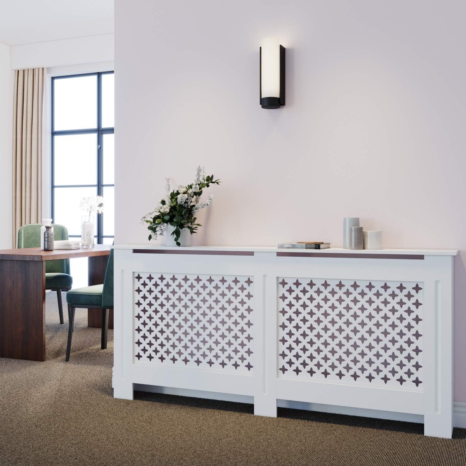 Extra Large White Radiator Cover | Cross Slat MDF Cabinet with Shelf – Durable