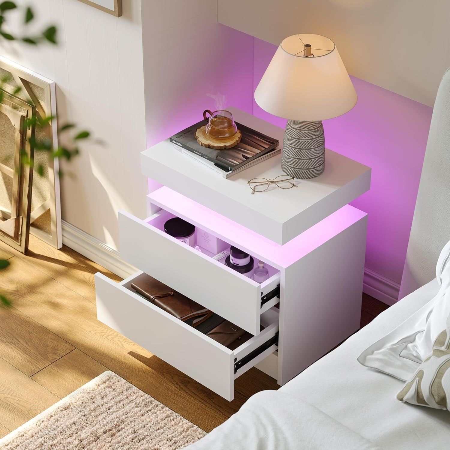 Modern LED Bedside Tables Set of 2 with RGB Lights & Drawers – White Nightstands