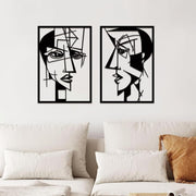 Set of 2 Abstract Metal Wall Art Faces Black Minimalist