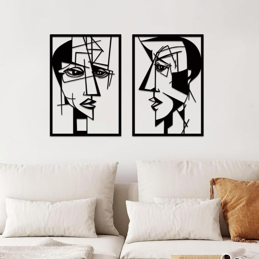 Set of 2 Abstract Metal Wall Art Faces Black Minimalist
