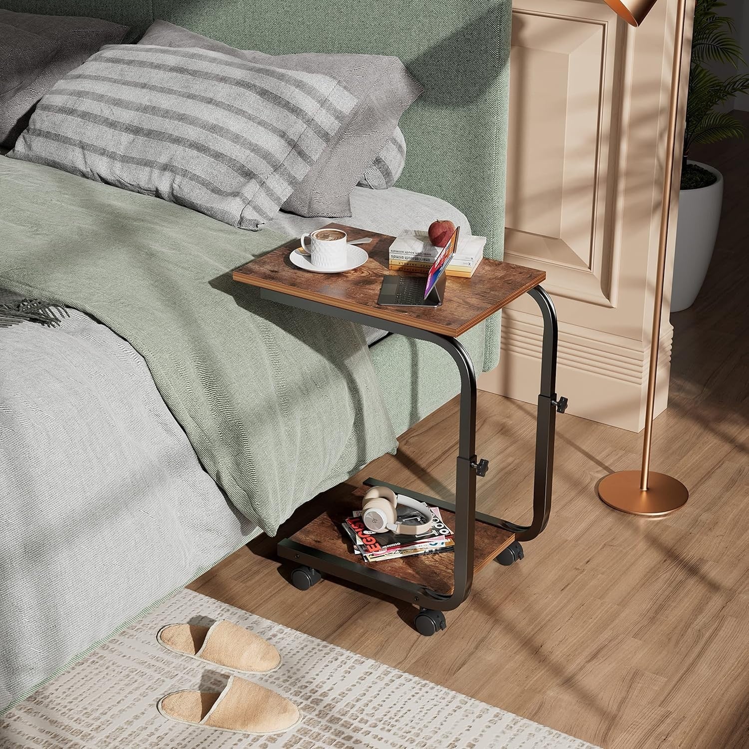 Height Adjustable Side Table – 45x30x66cm End/Bedside Table Rustic Brown
