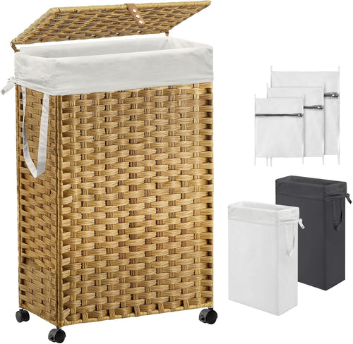 70L Rattan Laundry Hamper with Wheels 2 Removable Bags Slim Bedroom Basket