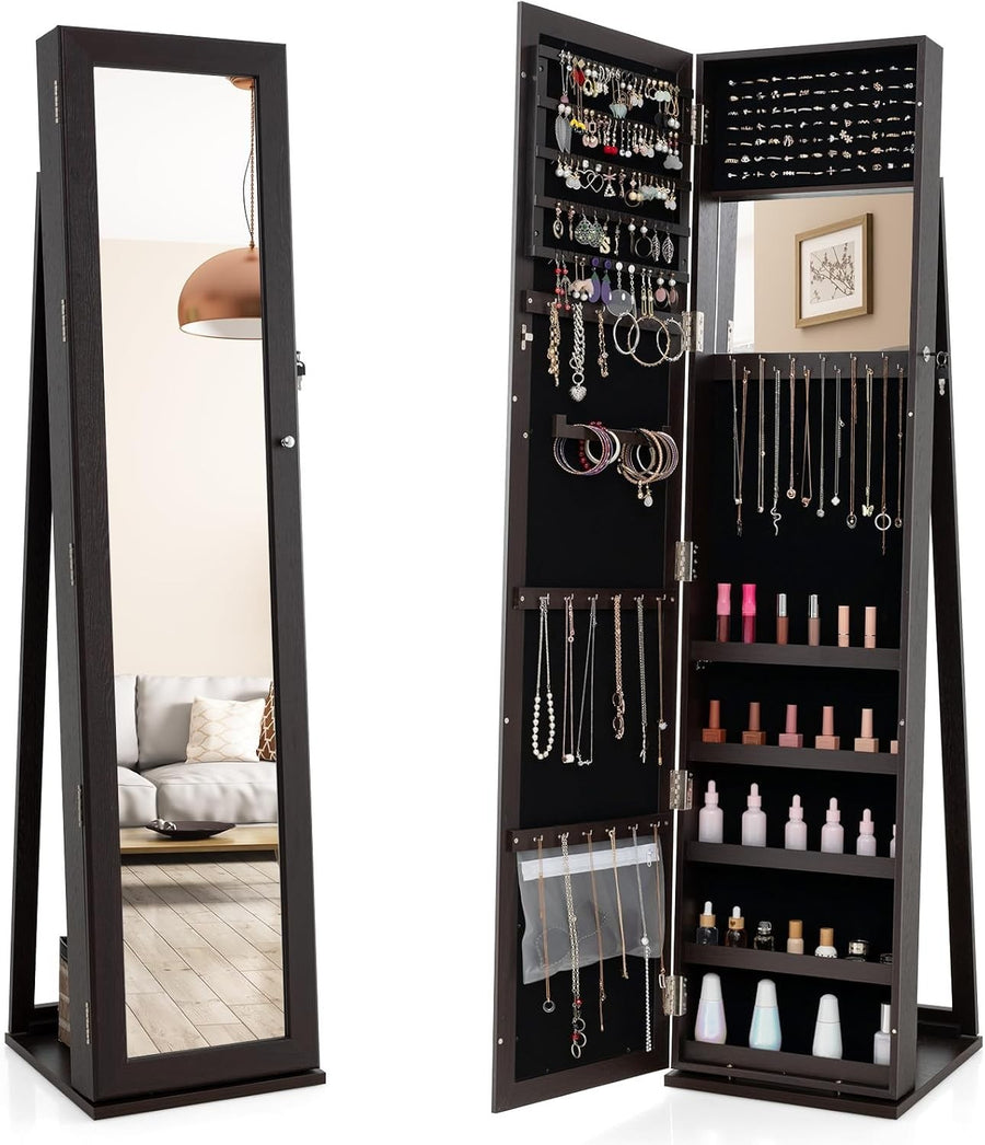 360° Rotating Jewelry Armoire Lockable Mirror Cabinet with Storage