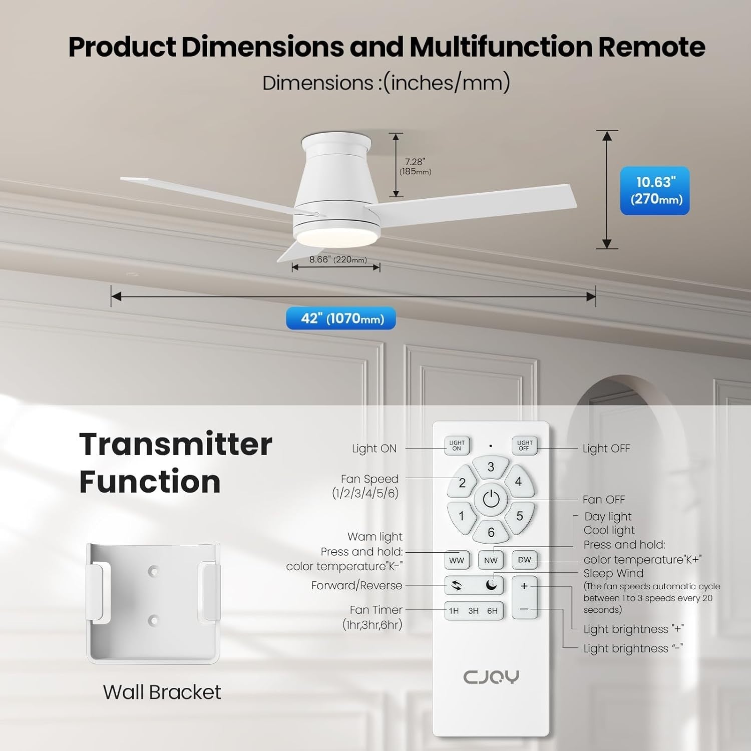 CJOY 42" Ceiling Fan with Lights 6 Speeds Dimmable LED White