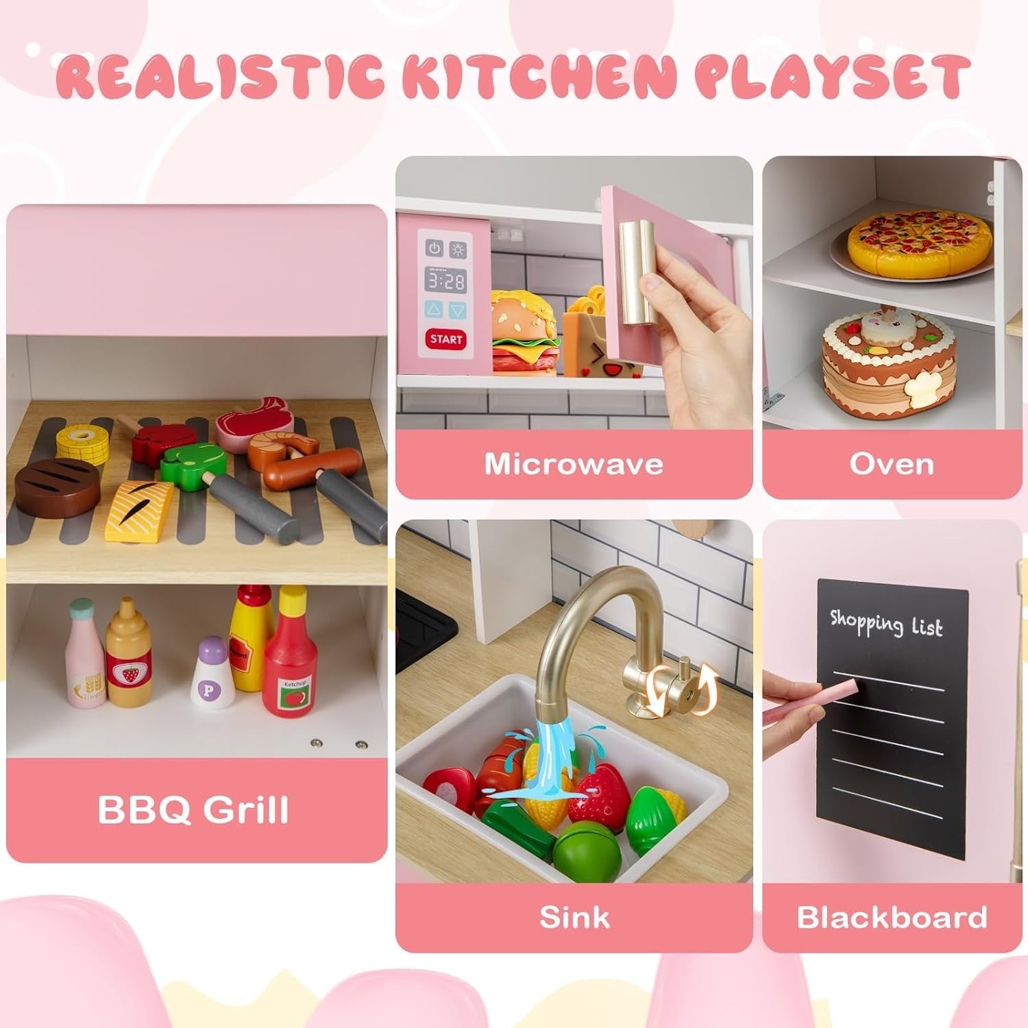 Wooden Kids Play Kitchen Pink Lights Sounds Chalkboard Toy Set