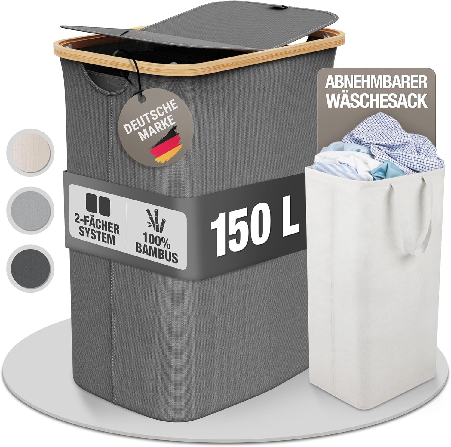 150L Foldable Laundry Hamper With Lid Large Bamboo Dark Grey Basket 2 Sections