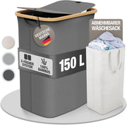 150L Foldable Laundry Hamper With Lid Large Bamboo Dark Grey Basket 2 Sections