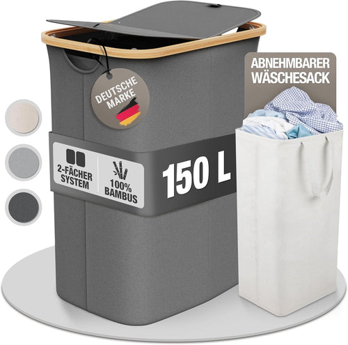 150L Foldable Laundry Hamper With Lid Large Bamboo Dark Grey Basket 2 Sections
