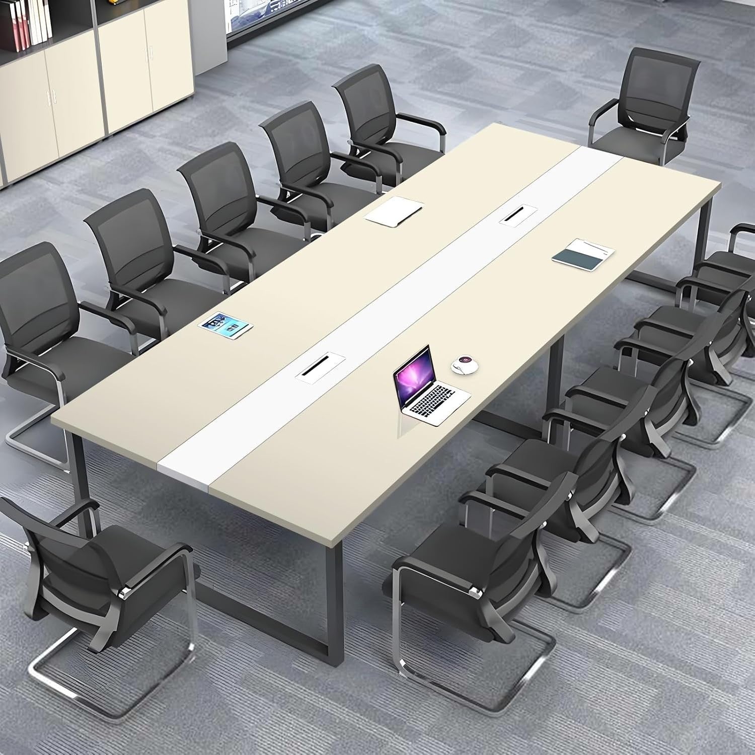 Beige + White Conference Table 120cm w/ Metal Frame & Scratch-Resistant Top