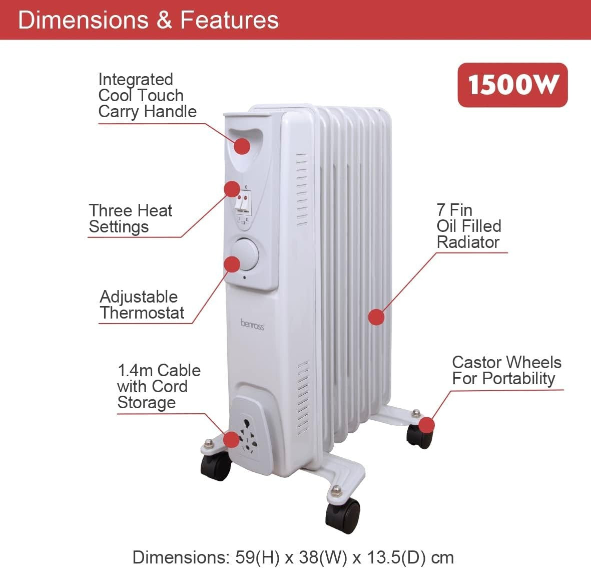 Portable 7-Fin Oil Filled Radiator 1500W Adjustable Thermostat White