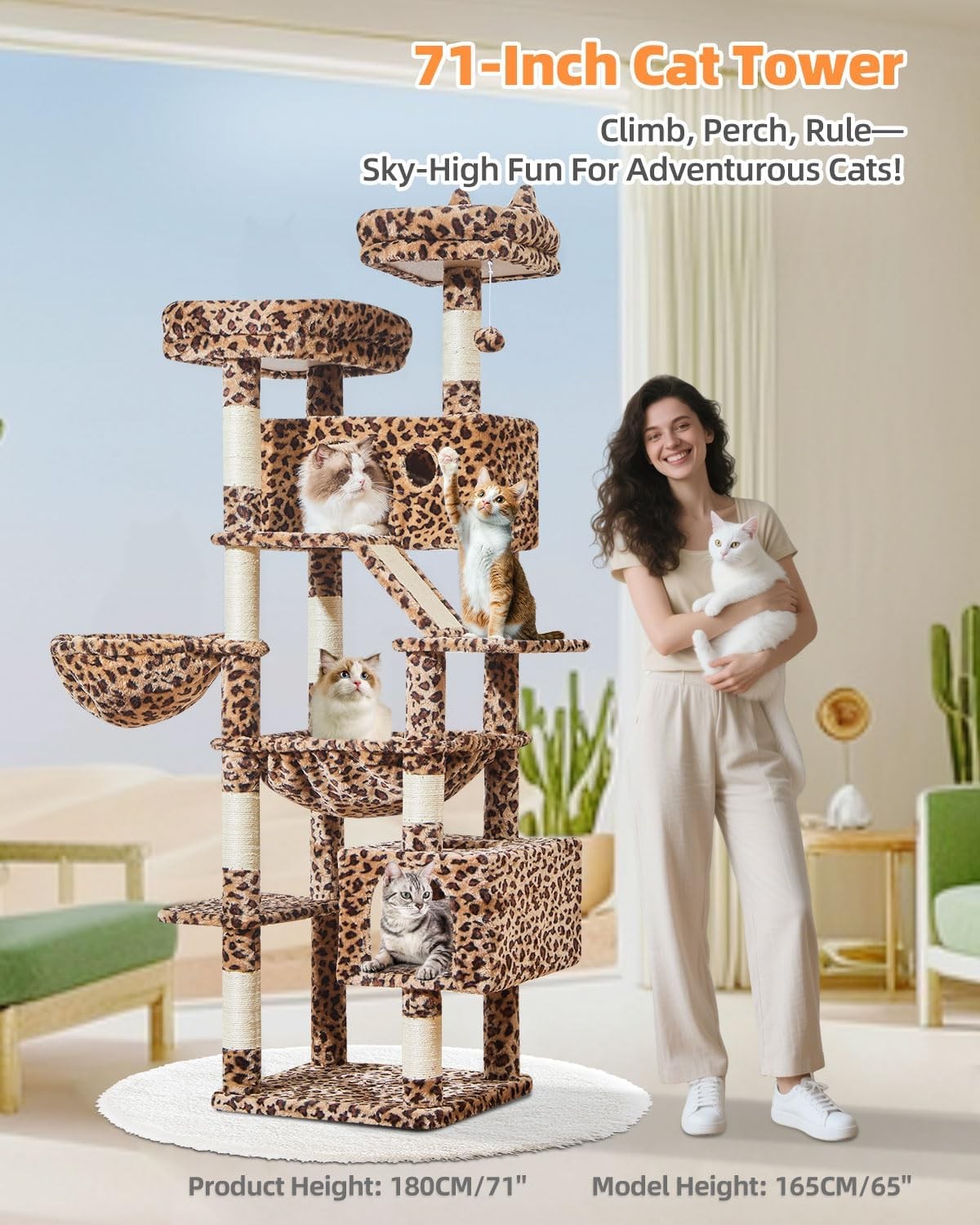 Large Cat Tree Tower 71” Multi Level Sisal Scratching Posts Condo