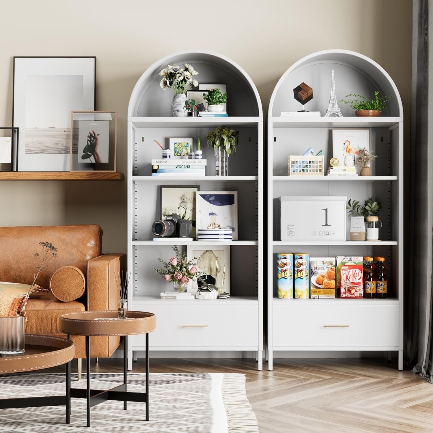 185cm Metal Arched Kitchen Pantry Cabinet White | Drawer Storage