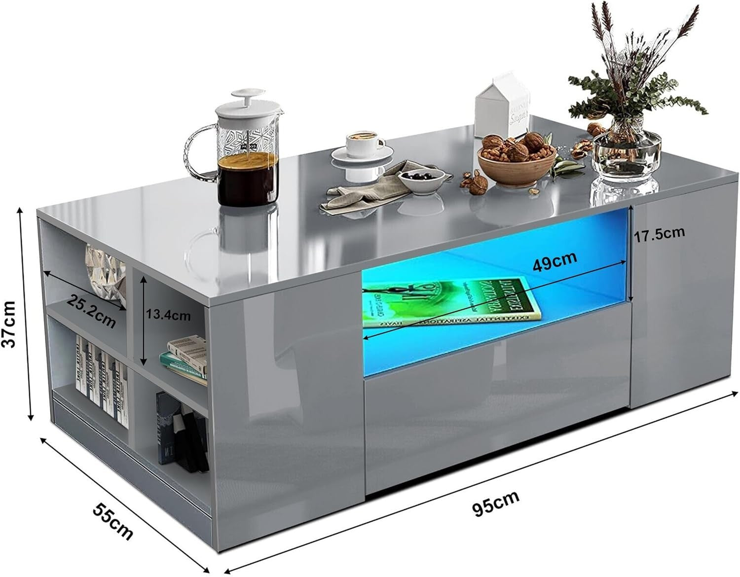 Grey High Gloss Coffee Table with 2 Drawers, LED RGB Lights & Storage 95x55x37cm