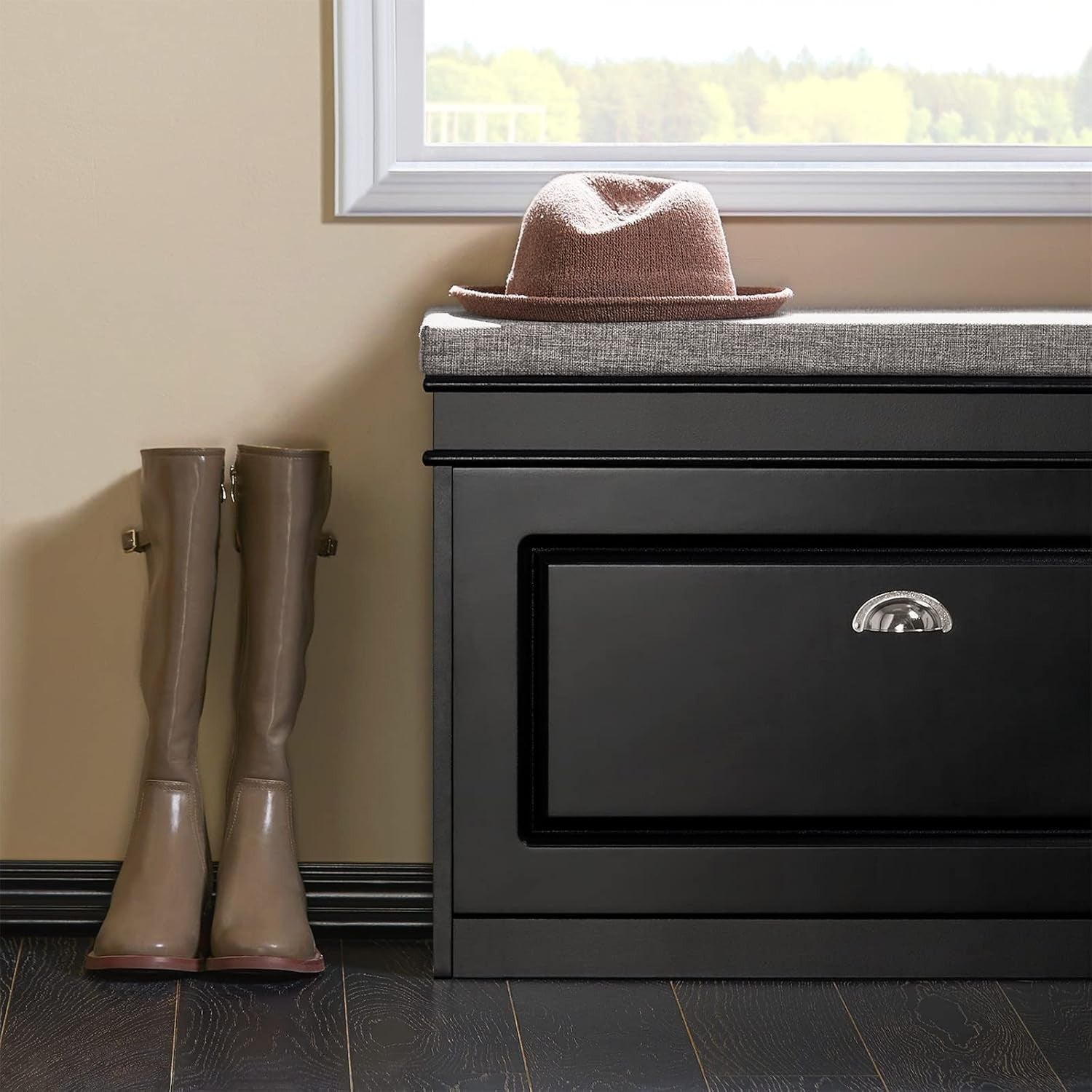 Compact Shoe Storage Bench with Cushion & Flip Drawer, 2-Tier Rack, 150kg Load