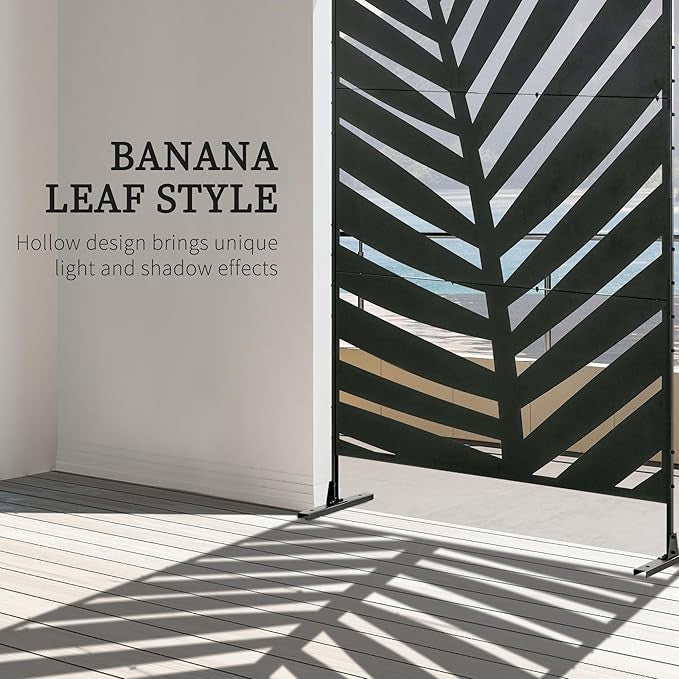6.5FT Black Metal Garden Privacy Screen Banana Leaf Outdoor Divider Fence