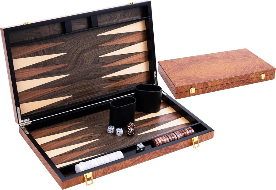 Deluxe 18in Wooden Backgammon Set Folding Luxury Board Game Travel Case
