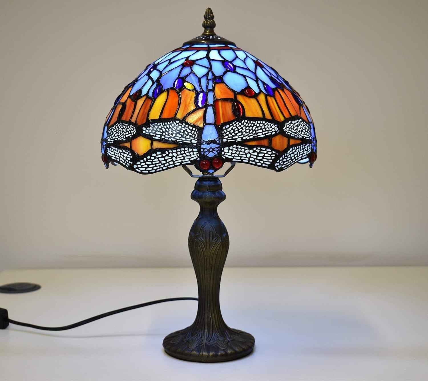 Antique Stained Glass Table Lamp Dragonfly Design, Living Room Decor