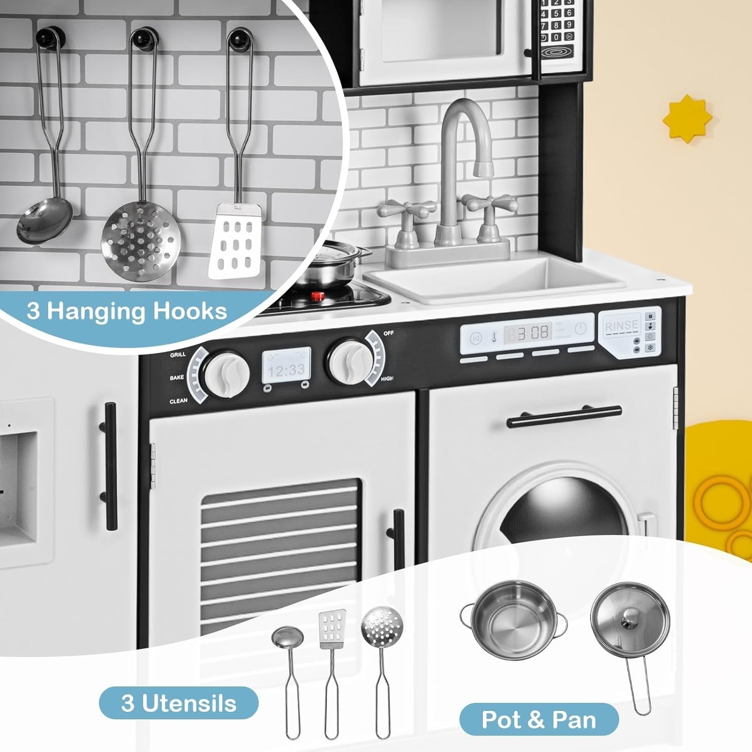 Kids Wooden Play Kitchen Set w/ Lights Sounds Microwave Grey