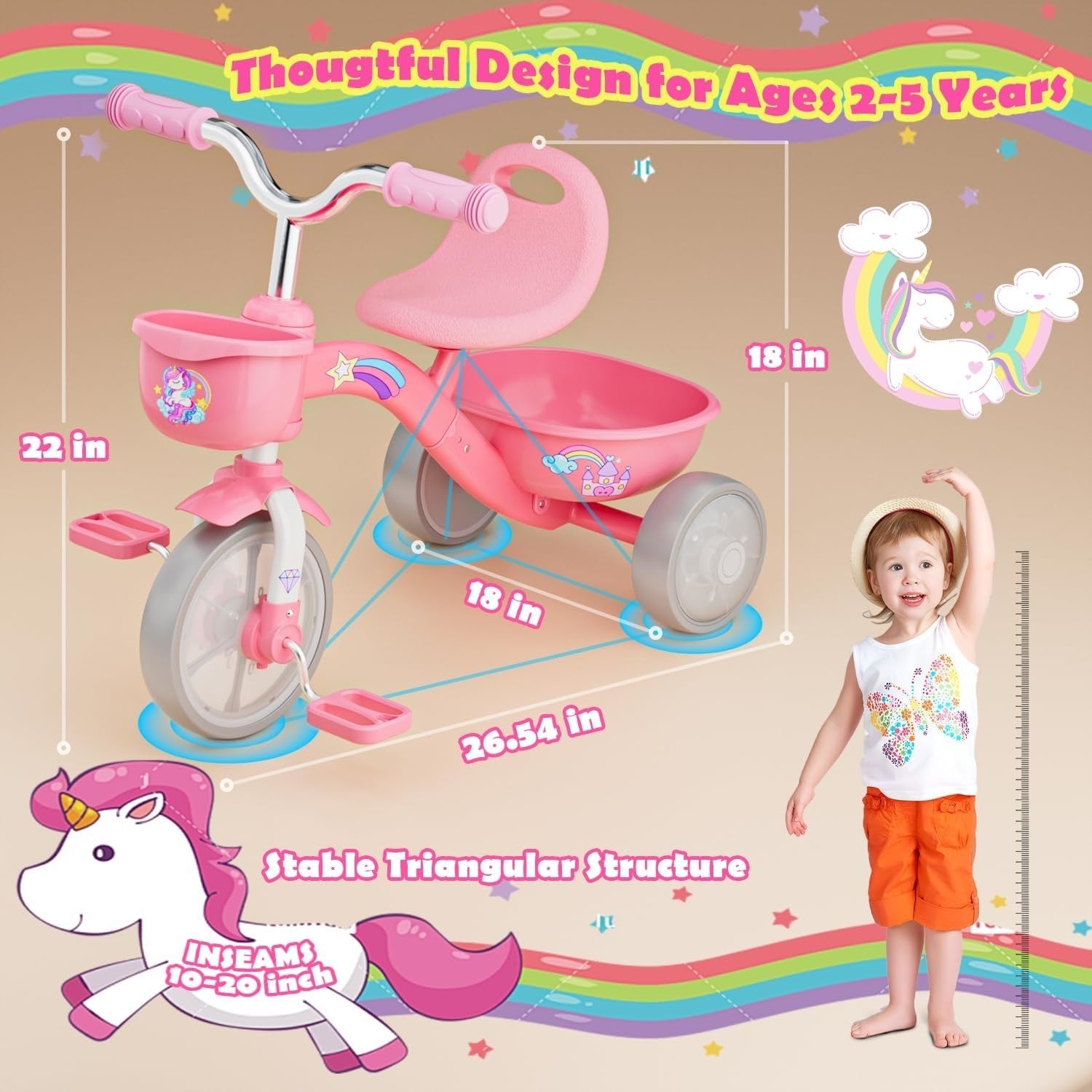Unicorn Tricycle LED Light Wheels Kids Balance Bike Girls Age 2-5 Years