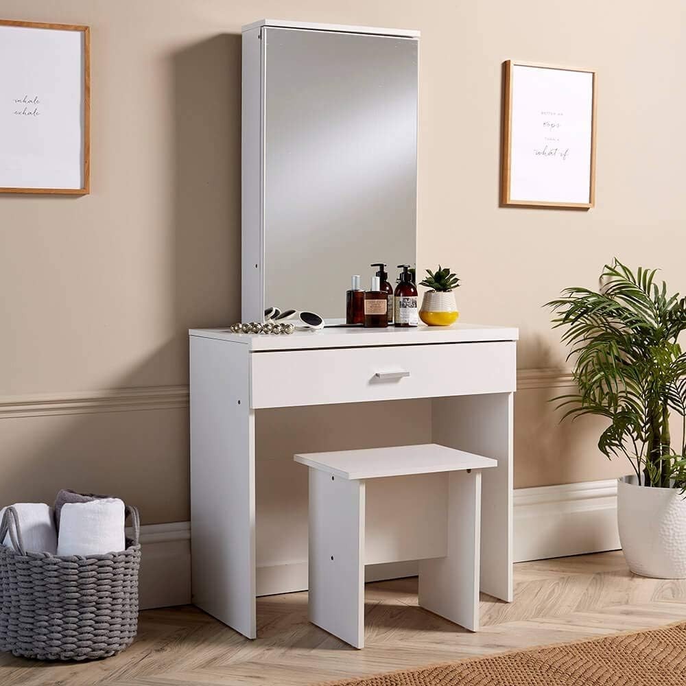 White Modern Dressing Table Set Mirror Stool Storage Makeup Vanity Desk