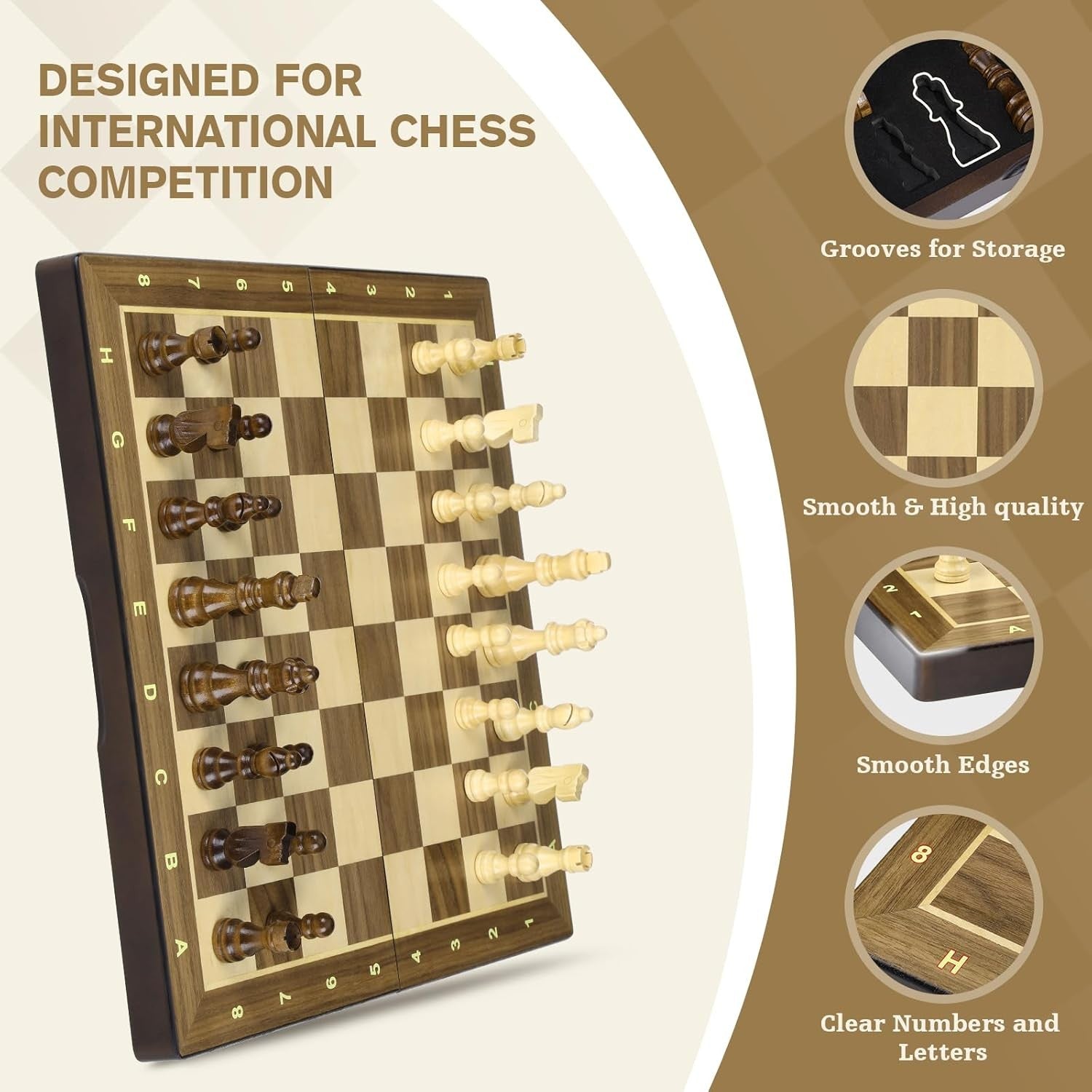 Luxury Magnetic Chess & Draughts Set 15" Foldable Walnut Board w/ Extra Queens