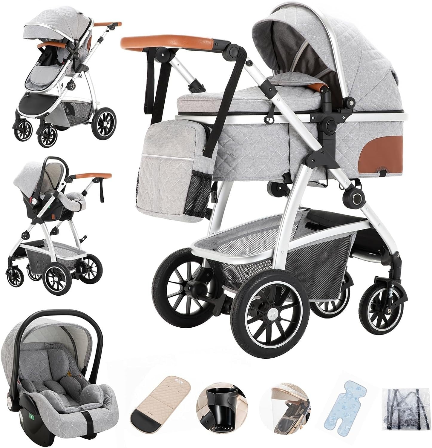 Baby Pushchair Travel System 3 in 1 Adjustable Handle Stroller 0–4Y