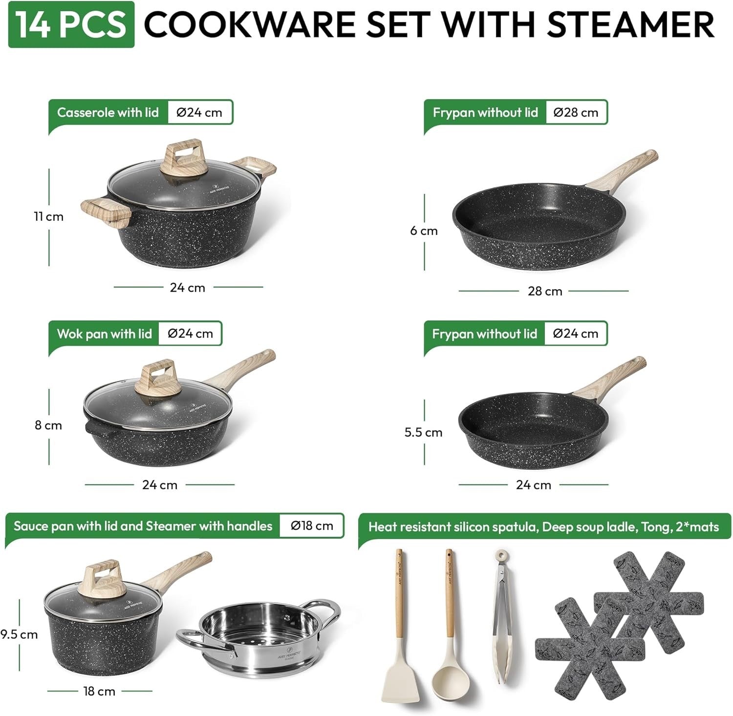 14pcs Black Granite Non Stick Cookware Set Induction Safe Pot and Pans with Lid