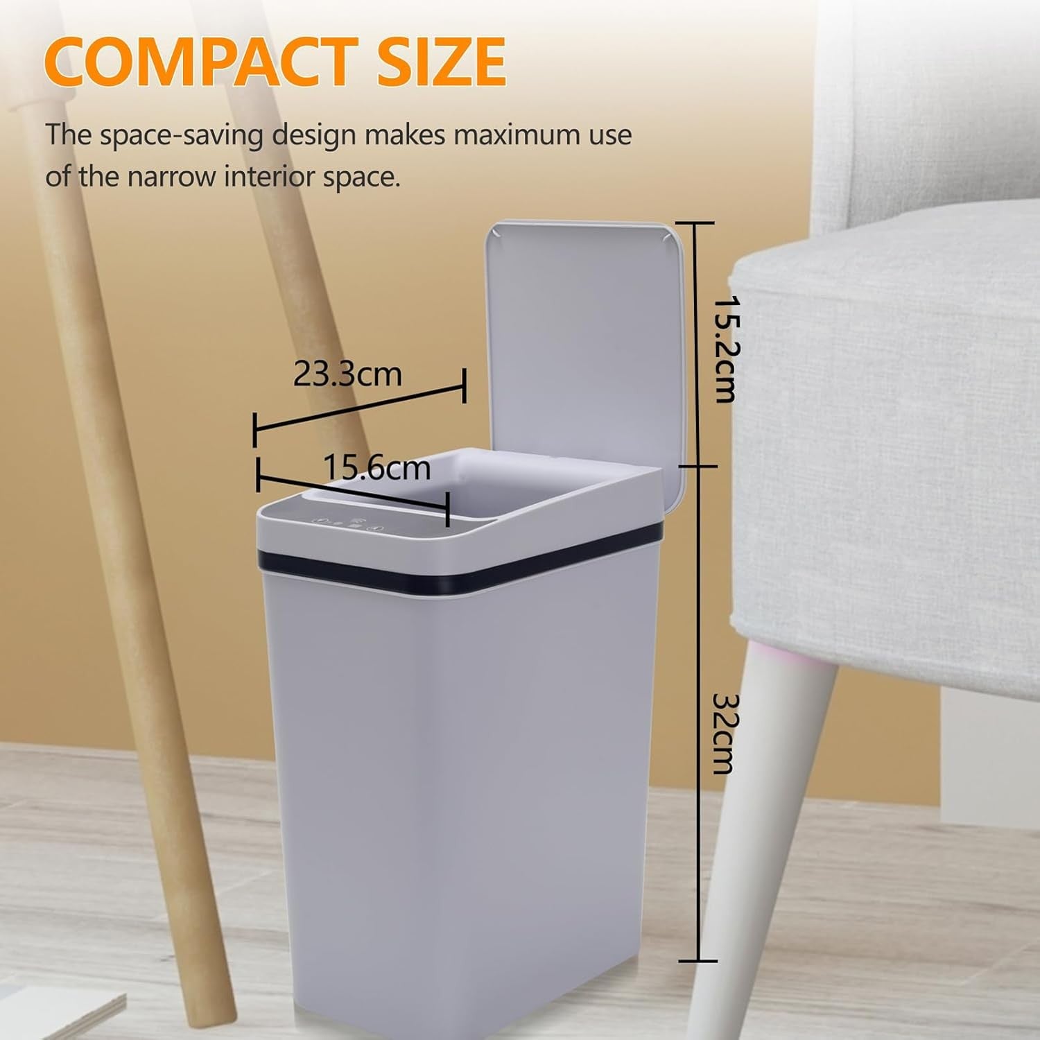 8L Automatic Sensor Bin Slim Touchless Kitchen Bathroom Grey