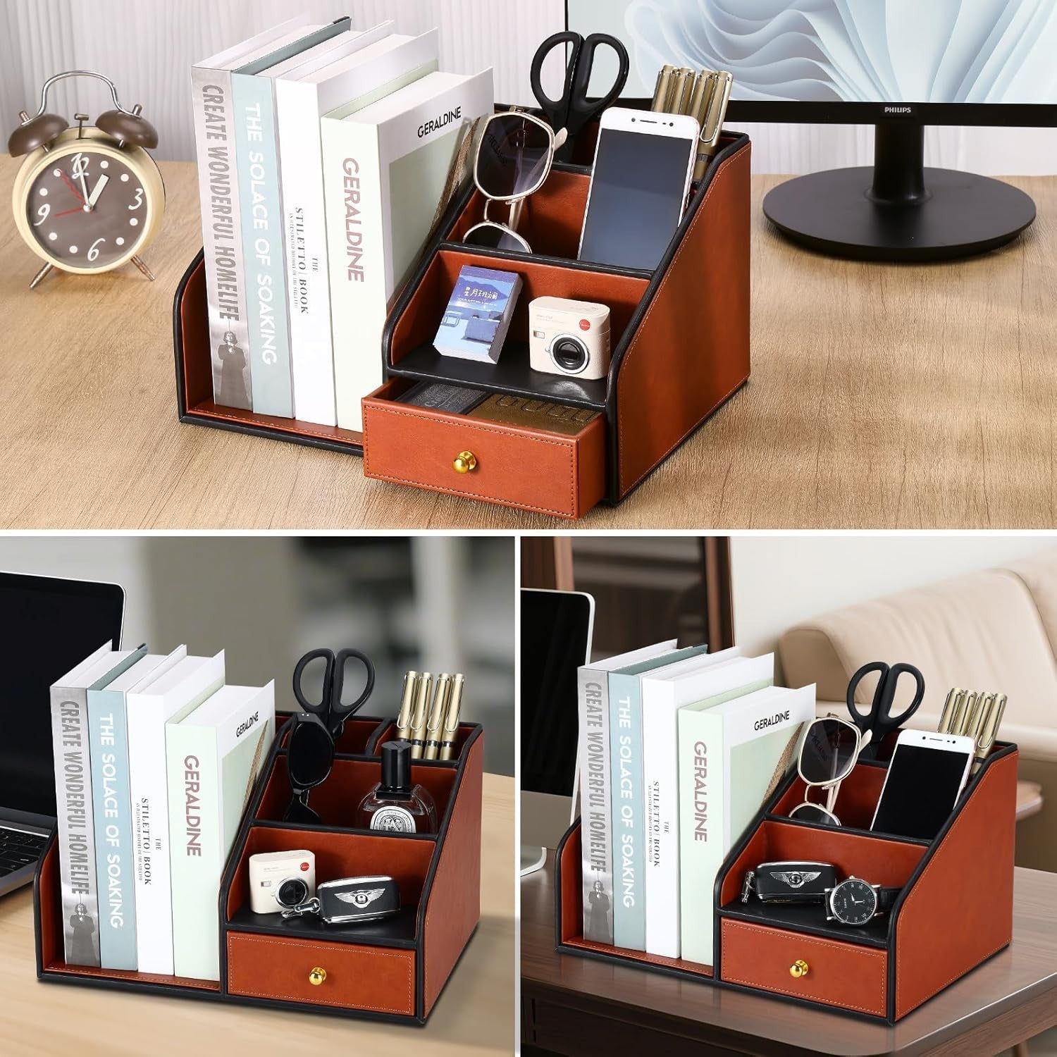 PU Leather Desk Organizer with A4 Magazine Rack & Pen Holder 33x28x18cm