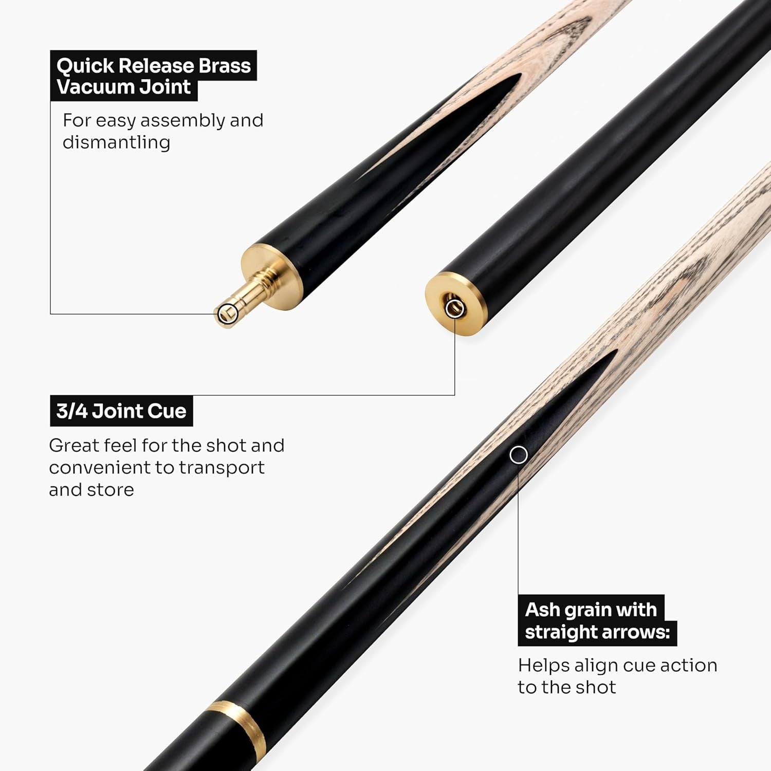 57" 3/4 Joint Ash Snooker Pool Cue 9.5mm Tip Extensions Hard Case