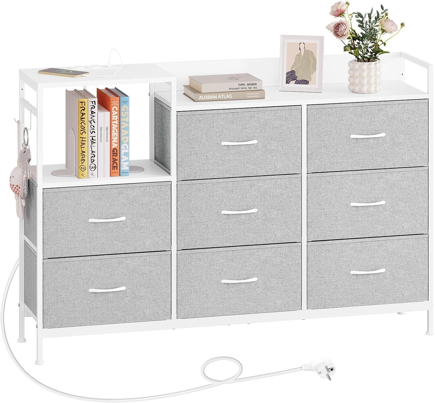 Fabric Storage 8 Chest Drawer  with USB Charging Ports Light Grey White Unit